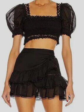 Charo Ruiz Ibiza Black Lace Top– Puff Sleeve Crop Top - XS